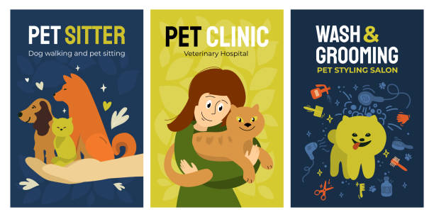 Set of illustrations about pet care Set of posters for vet clinic, dog walking and pet sitting service, wash and grooming salon, veterinary hospital. Vector illustrations with dogs, cute girl hugging cat. Design for banner, flyer, cover hospital brochure design stock illustrations