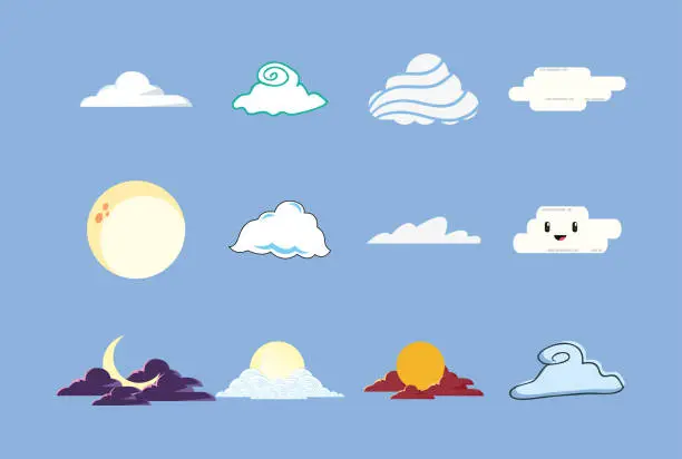 Vector illustration of Clouds shapes and moons over blue background vector design