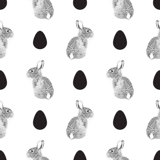 ilustrações, clipart, desenhos animados e ícones de padrão de páscoa com caneta coelhinha da páscoa e ilustração de vetor de tinta padrão perfeito - engraving eggs engraved image old fashioned