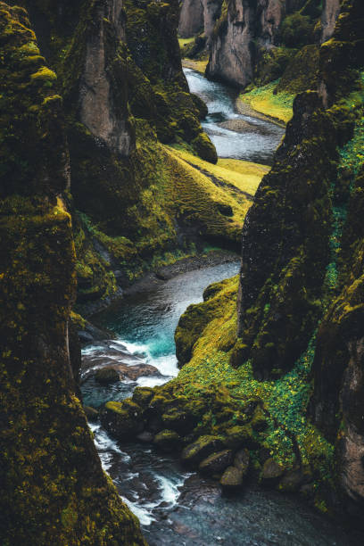 Fjadrargljufur canyon in Iceland framed by the cliff.