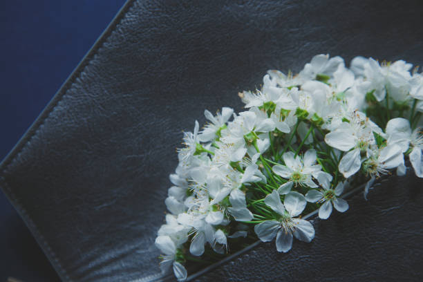 Cherry Blossom flowers in clutch purse . Beautiful Spring tree blossoms in leather handbag