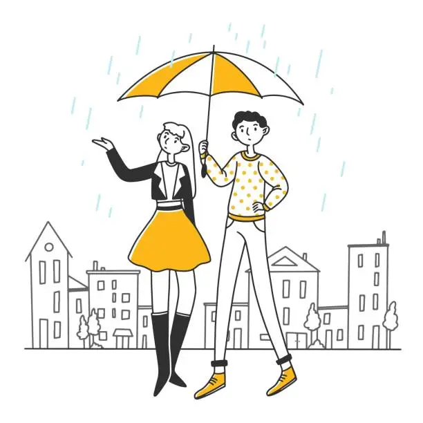 Vector illustration of People standing under umbrella on rainy day
