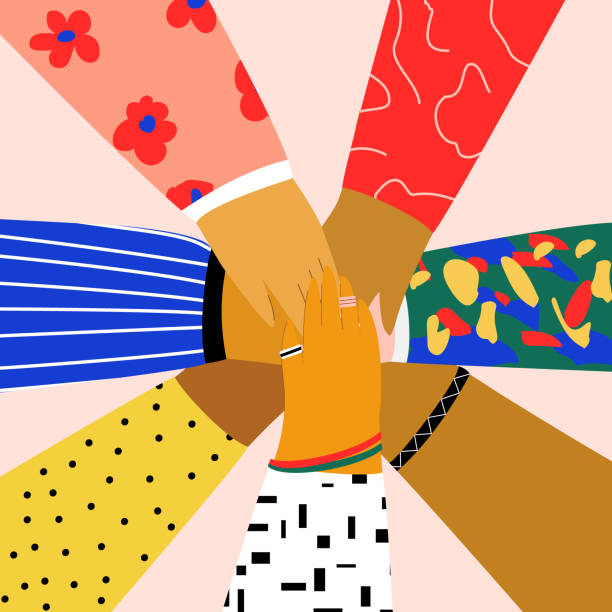 Group of people putting their hands together on each other. Friendship, partnership, teamwork, community, team building concept. Flat illustration in trendy cartoon style Group of people putting their hands together on each other. Friendship, partnership, teamwork, community, team building concept. Flat illustration in  cartoon style womens rights illustrations stock illustrations