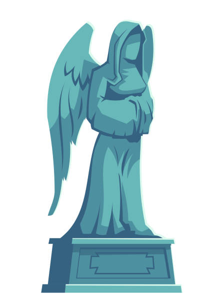 ilustrações, clipart, desenhos animados e ícones de figura de pedra anjo, memorial cemitério tombstone - stone coffin