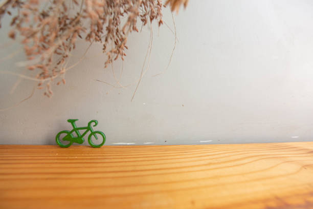 a stainless bicycle model on grey wall and wood table with dried flowers in background. healthy lifestyle. exercise