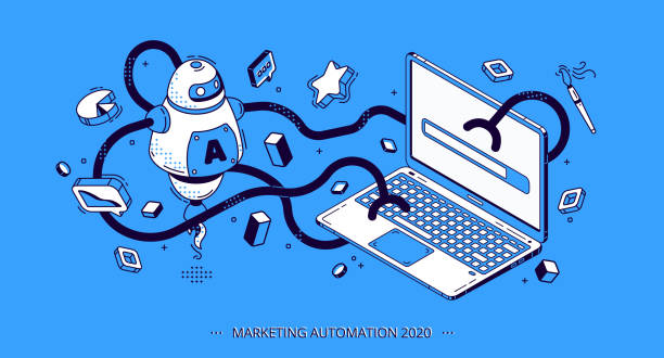 marketingautomatisierung 2020 isometrisches banner, seo - cyborg grafiken stock-grafiken, -clipart, -cartoons und -symbole