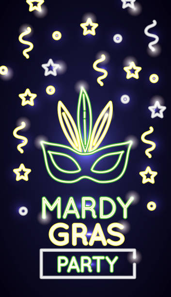etykieta trawy mardi z maską neonów - fabolous sign neon light day stock illustrations