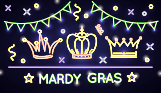 etykieta mardi trawa z neonowymi akcesoriami - fabolous sign neon light day stock illustrations