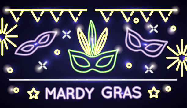 etykieta trawy mardi z maskami neonowymi - fabolous sign neon light day stock illustrations
