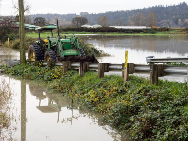 Farming tractor on a flooded road during Snoqualmie river flood stock photo