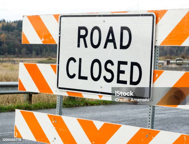 Road Closed Traffic Sign Stock Photo - Download Image Now - Road Closed Sign, Construction Site, Barricade