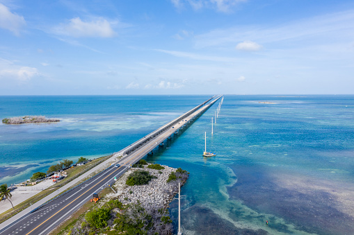 Aerial point of view of the Florida Keys oversea highway bridge crossing from island to island. Drone point of view, turquoise sea
