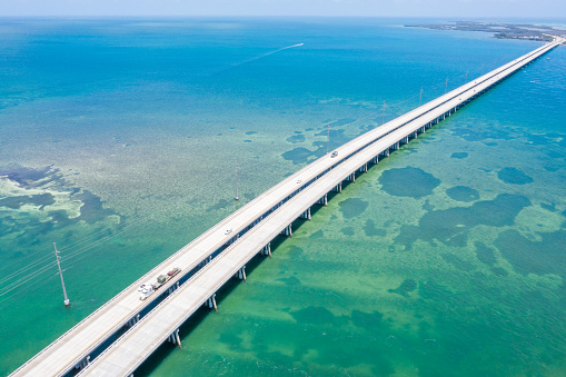 Aerial point of view of the Florida Keys oversea highway bridge crossing from island to island. Drone point of view, turquoise sea