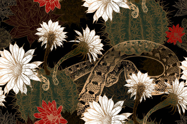 Seamless pattern. Blooming cacti and snakes. Blooming cacti and snakes. Print gold foil on black background. Floral seamless pattern. Template for fabrics, textiles, wallpaper, paper. Vector illustration art. Exotic luxury nature ornament. tin foil barb stock illustrations