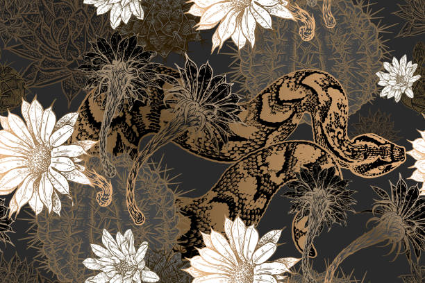 Seamless pattern. Blooming cacti and snakes. Floral seamless pattern. Blooming cacti and snakes. Print gold foil on black background. Template for fabrics, textiles, wallpaper, paper. Vector illustration art. Exotic luxury nature ornament. tin foil barb stock illustrations