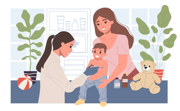 Positive pediatrician vaccinating cute child Positive pediatrician vaccinating cute child in medical office. Kid doctor making injection of vaccine to toddler boy. Vector illustration for immunity health, disease prevention, inoculation concept flu shot happy stock illustrations