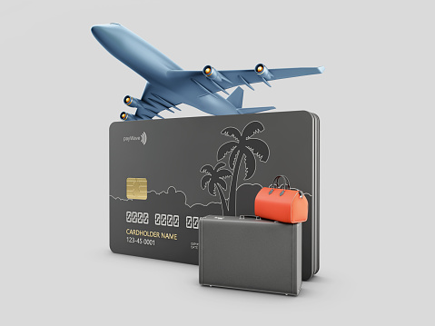 3d Rendering of Credit Card Suitcase with luggage and airplane, include clipping path.