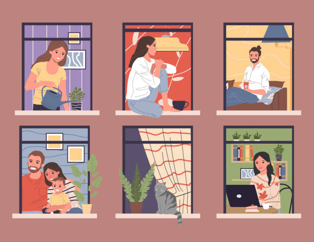 Open windows with diverse and friendly neighbors in apartments Open windows with diverse and friendly neighbors in apartments vector illustration. Exterior of building with men and women living inside. Happy neighborhood, daily routine curtain illustrations stock illustrations