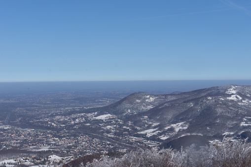 Winter mountain landscape from the peak of Czantoria. Snow