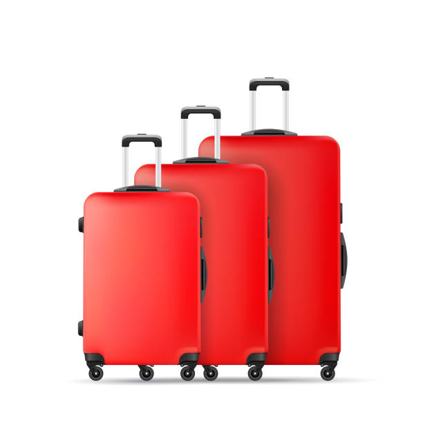 istock Red travel plastic suitcase with wheels realistic hand Luggage 1205455567