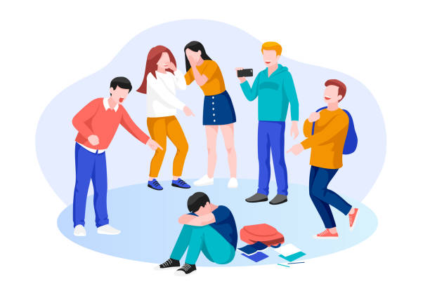 Kids school bullying and abuse concept. Vector illustration. Group of children bullies mocks sad boy Kids school bullying and abuse concept. Vector flat cartoon illustration of teenagers characters. Group of children bullies mocks sad boy teasing stock illustrations