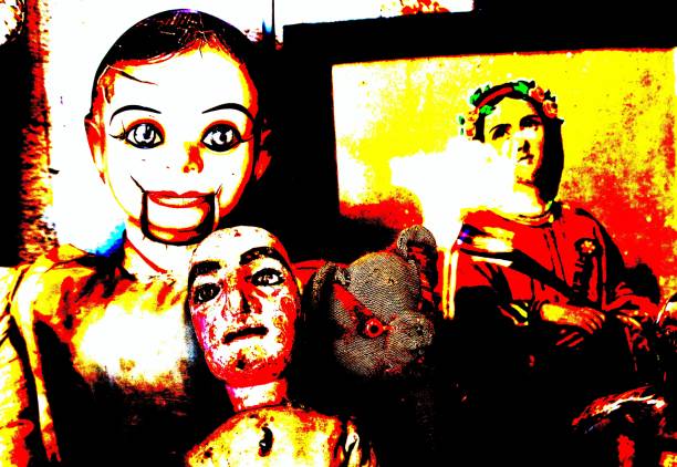 evocative image of 60s and 70s dolls in the foreground with religious print in the background at a vintage market