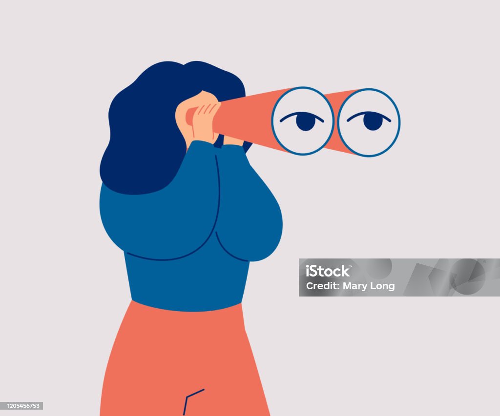The woman looks through her large binoculars, looking for something. The woman looks through her large binoculars, looking for something. The girl is watching someone closely. Vector cartoon illustration Searching stock vector