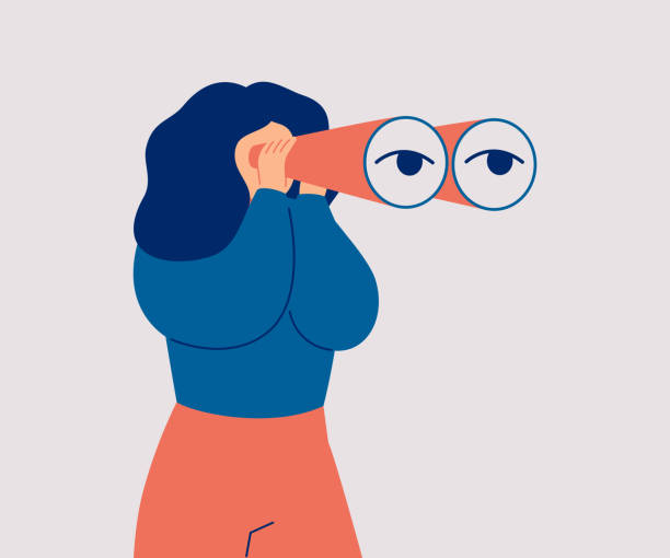 The woman looks through her large binoculars, looking for something. The woman looks through her large binoculars, looking for something. The girl is watching someone closely. Vector cartoon illustration discovery illustrations stock illustrations
