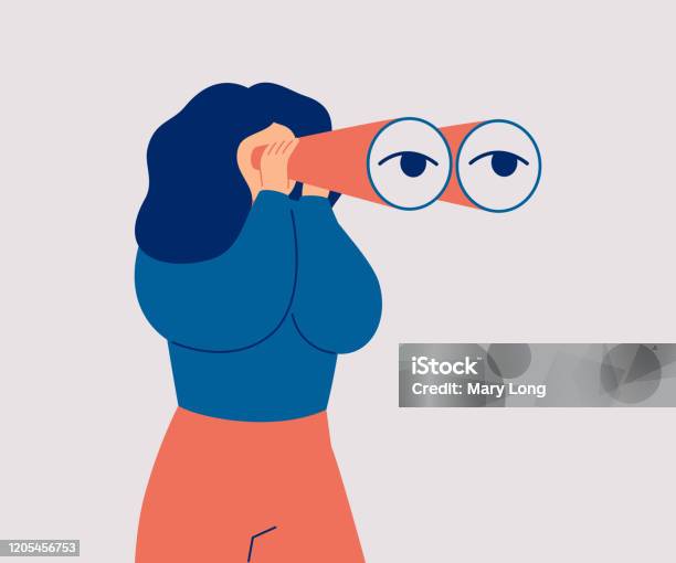 The Woman Looks Through Her Large Binoculars Looking For Something Stock Illustration - Download Image Now