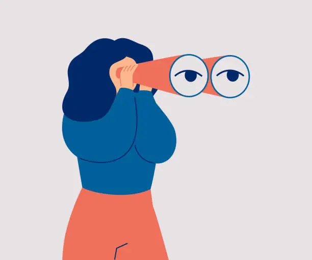Vector illustration of The woman looks through her large binoculars, looking for something.