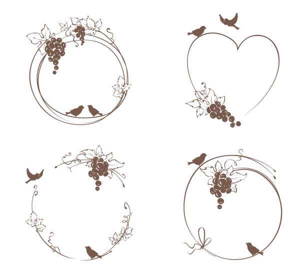 rahmen aus trauben und vogel - grape heart shape fruit bunch stock-grafiken, -clipart, -cartoons und -symbole