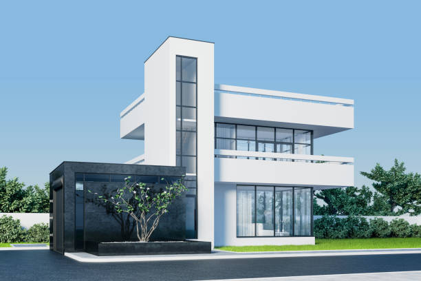 istock Modern house with white stucco with a balcony and a high staircase, in daylight against a background of green trees and a white fence with Windows to the street. 3D stock illustration. 1205457062
