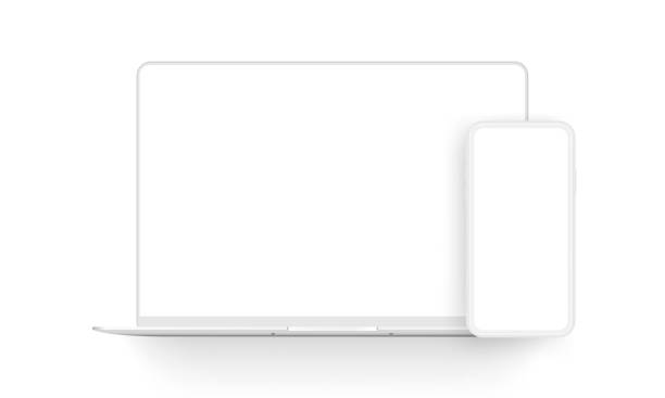 白い背景に隔離されたラップトップコンピュータと携帯電話の粘土モックアップ - パソ  コン点のイラスト素材／クリップアート素材／マンガ素材／アイコン素材