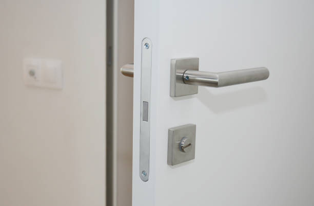 istock Modern home interior door with metal handle and lock 1205458206