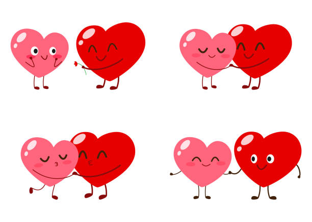 Cute cartoon heart characters in love Cute cartoon heart characters. Funny couple in love vector illustration. Valentine Day vector card set couple hugging drawing stock illustrations