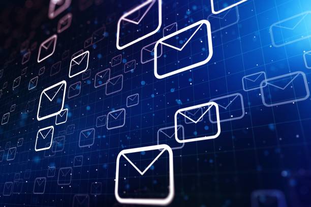 파란색 배경에 대한 전자 메일 배경 개념입니다. 3d 렌더링 - spam e mail marketing internet 뉴스 사진 이미지