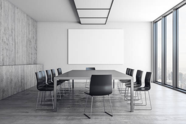 istock Furnished conference room with table, chairs and large window. 3D Rendering 1205460604