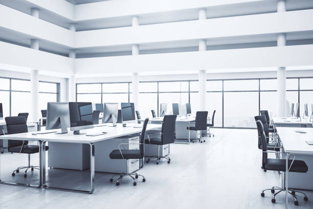 istock Modern furnished loft style office with big window with city view. 3D Rendering 1205460632