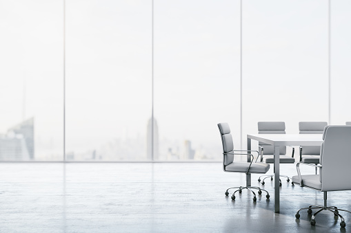 Furnished white conference room with table, chairs and large window overlooking the city. 3D Rendering