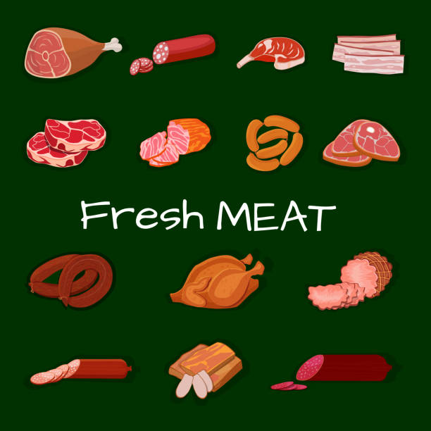 食肉製品のセット。ローストチキンとプライムリブ、ソーセージ、サラミとハム、サーロン、ベーコン、スックとスモークミート、七面鳥とtボーンステーキ。ベクトルのイラスト。 - steak meat t bone steak raw点のイラスト素材／クリップアート素材／マンガ素材／アイコン素材