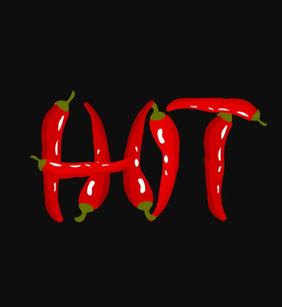 Vector illustration of Hot. Lettering with red chili peppers.