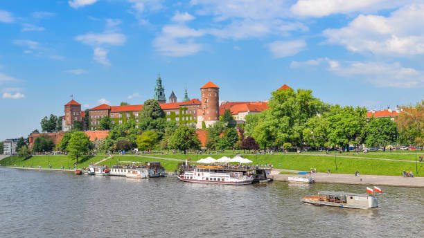 vista estiva sul castello di wawel, sul fiume vistola, sul parco primaverile, sulla pista ciclabile e sui turisti a piedi - surrounding wall sky river dome foto e immagini stock