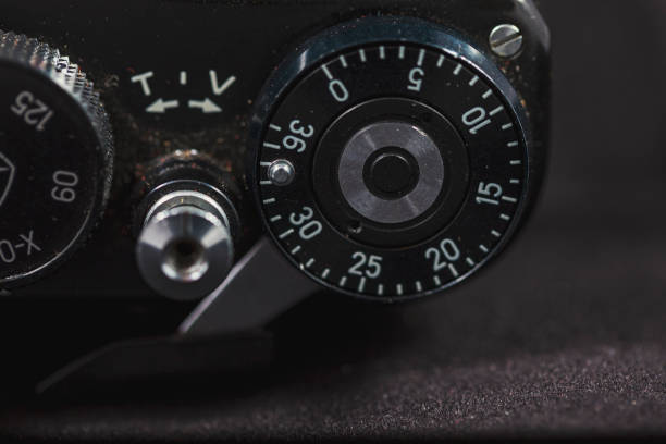 istock Detail of an old camera - adjuster, closeup. 1205470501