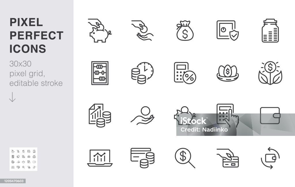 Pictogram voor geldinkomstenlijn ingesteld. Pensioenfonds, winstgroei, spaarvarken, financiële kapitaal minimale vector illustratie. Eenvoudige overzichtstekens voor investeringstoepassing. 30x30 Pixel perfecte bewerkbare lijnen - Royalty-free Pictogram vectorkunst