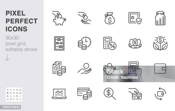 Pictogram Voor Geldinkomstenlijn Ingesteld Pensioenfonds Winstgroei Spaarvarken Financiële Kapitaal Minimale Vector Illustratie Eenvoudige Overzichtstekens Voor Investeringstoepassing 30x30 Pixel Perfecte Bewerkbare Lijnen Stockvectorkunst en meer beelden van Pictogram