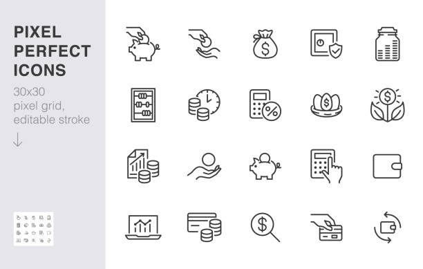 Money income line icon set. Pension fund, profit growth, piggy bank, finance capital minimal vector illustration. Simple outline signs for investment application. 30x30 Pixel Perfect Editable Strokes Money income line icon set. Pension fund, profit growth, piggy bank, finance capital minimal vector illustration. Simple outline signs for investment application. 30x30 Pixel Perfect Editable Strokes. bank deposit slip stock illustrations