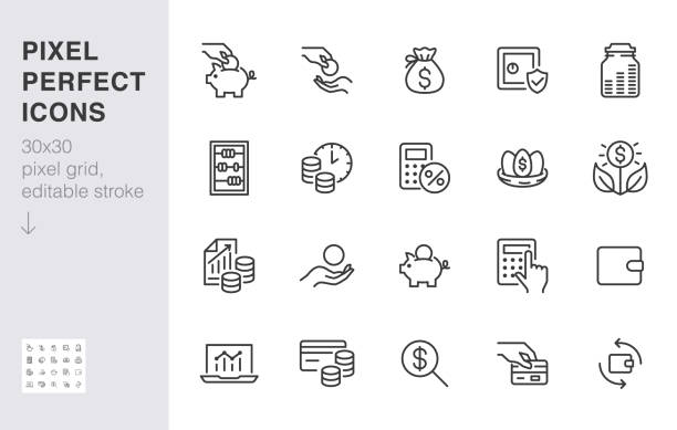Money income line icon set. Pension fund, profit growth, piggy bank, finance capital minimal vector illustration. Simple outline signs for investment application. 30x30 Pixel Perfect Editable Strokes Money income line icon set. Pension fund, profit growth, piggy bank, finance capital minimal vector illustration. Simple outline signs for investment application. 30x30 Pixel Perfect Editable Strokes. savings account stock illustrations