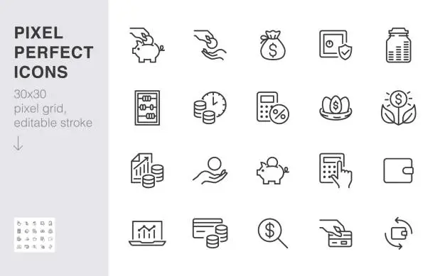 Vector illustration of Money income line icon set. Pension fund, profit growth, piggy bank, finance capital minimal vector illustration. Simple outline signs for investment application. 30x30 Pixel Perfect Editable Strokes