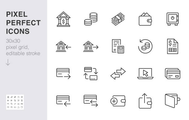 набор значков финансовой линии. денежный перевод, банковский счет, оплата кредитной картой наличными обратно минимальный вектор иллюстрац - finance business coin coin bank stock illustrations