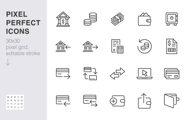Finance line icon set. Money transfer, bank account, credit card payment cash back minimal vector illustration. Simple outline sign for online banking application. 30x30 Pixel Perfect Editable Stroke Finance line icon set. Money transfer, bank account, credit card payment cash back minimal vector illustration. Simple outline sign for online banking application. 30x30 Pixel Perfect Editable Stroke. bank financial building illustrations stock illustrations